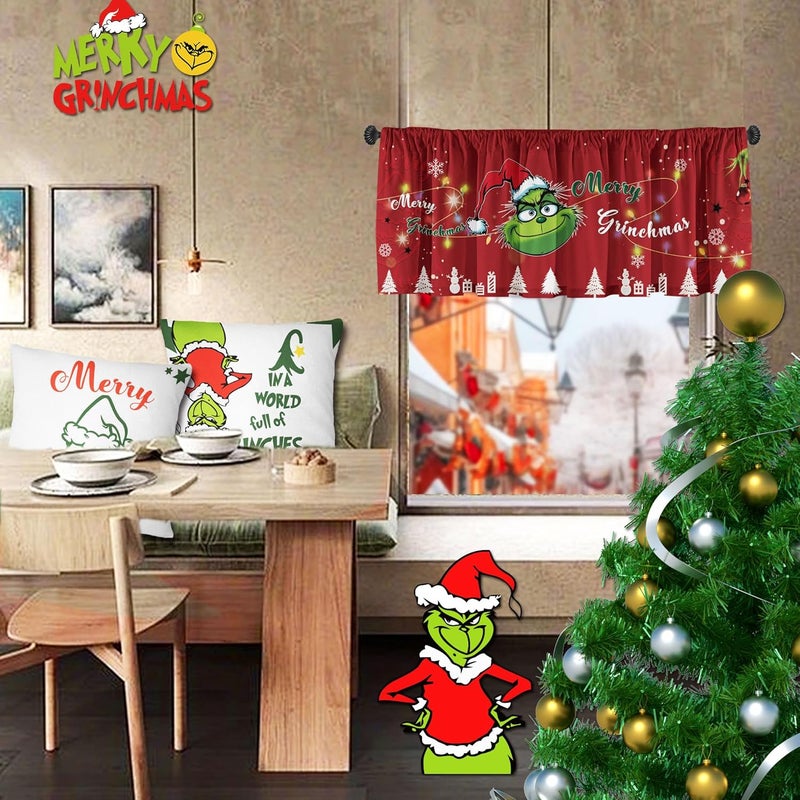 SUNWISHA Christmas Valance Curtains 52x18 inch - Designed with Playful Green Monster - Kitchen/Bathroom Winter Decor - Rod Pocket Valances for Holiday Homes Red - Image 3
